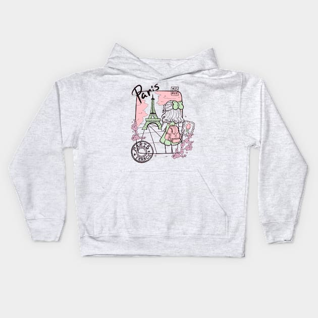 Paris France Travel - Green Pink Kids Hoodie by Miss_Akane